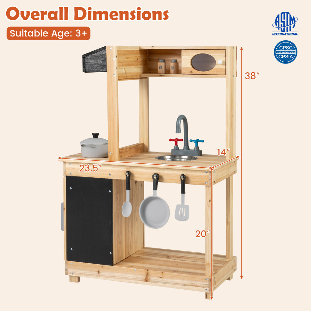 Kids Outdoor Wooden Mud Kitchen with Stoves and Chalkboard-Natural