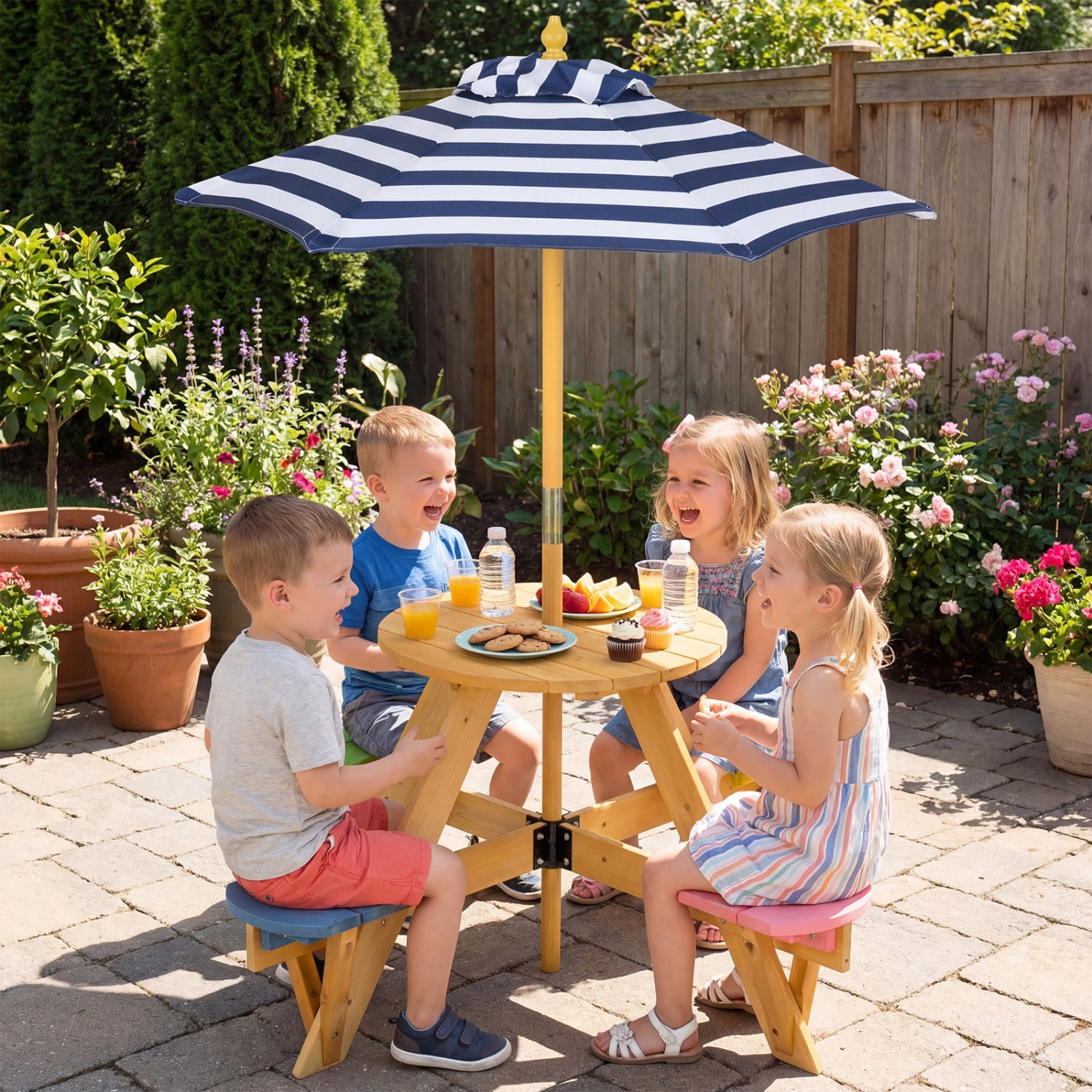 Kids Picnic Table with Stools and Foldable Adjustable Umbrella for Backyard and Patio-Blue