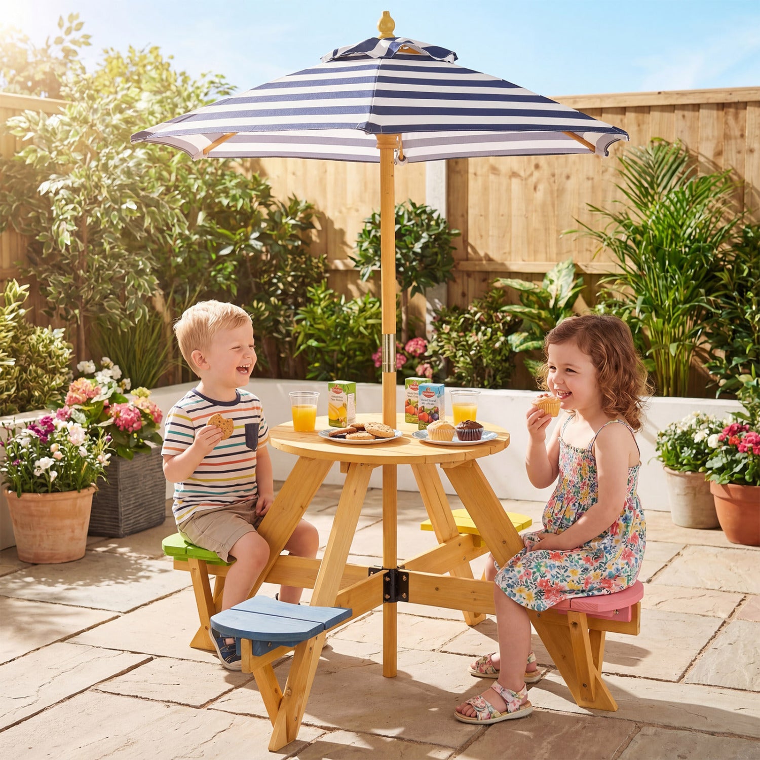 Kids Picnic Table with Stools and Foldable Adjustable Umbrella for Backyard and Patio-Blue