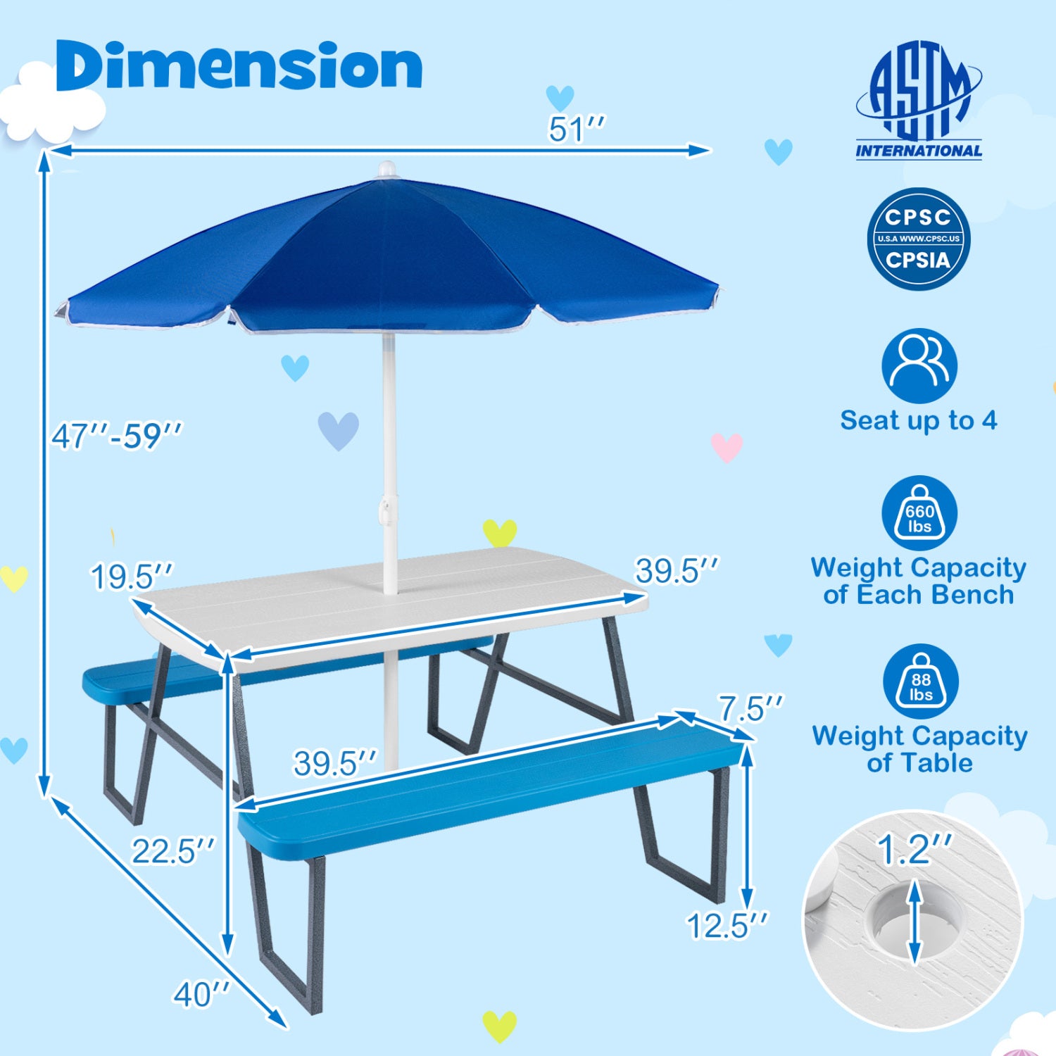 Kids Picnic Table with Benches Seats up to 4-Blue