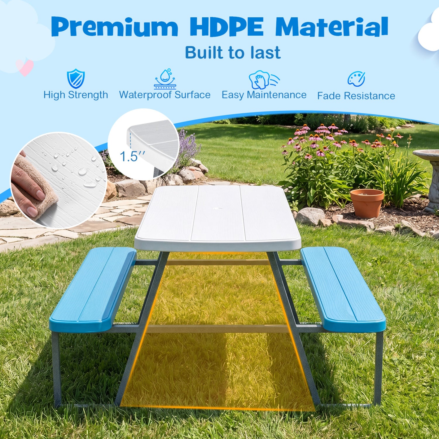 Kids Picnic Table with Benches Seats up to 4-Blue