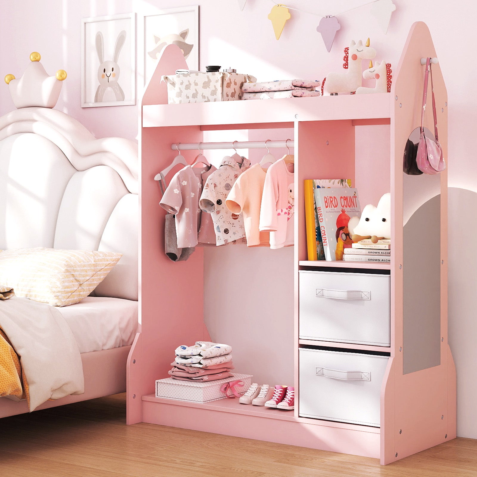 Kids Play Armoire Dresser with Cloth Hanger-Pink