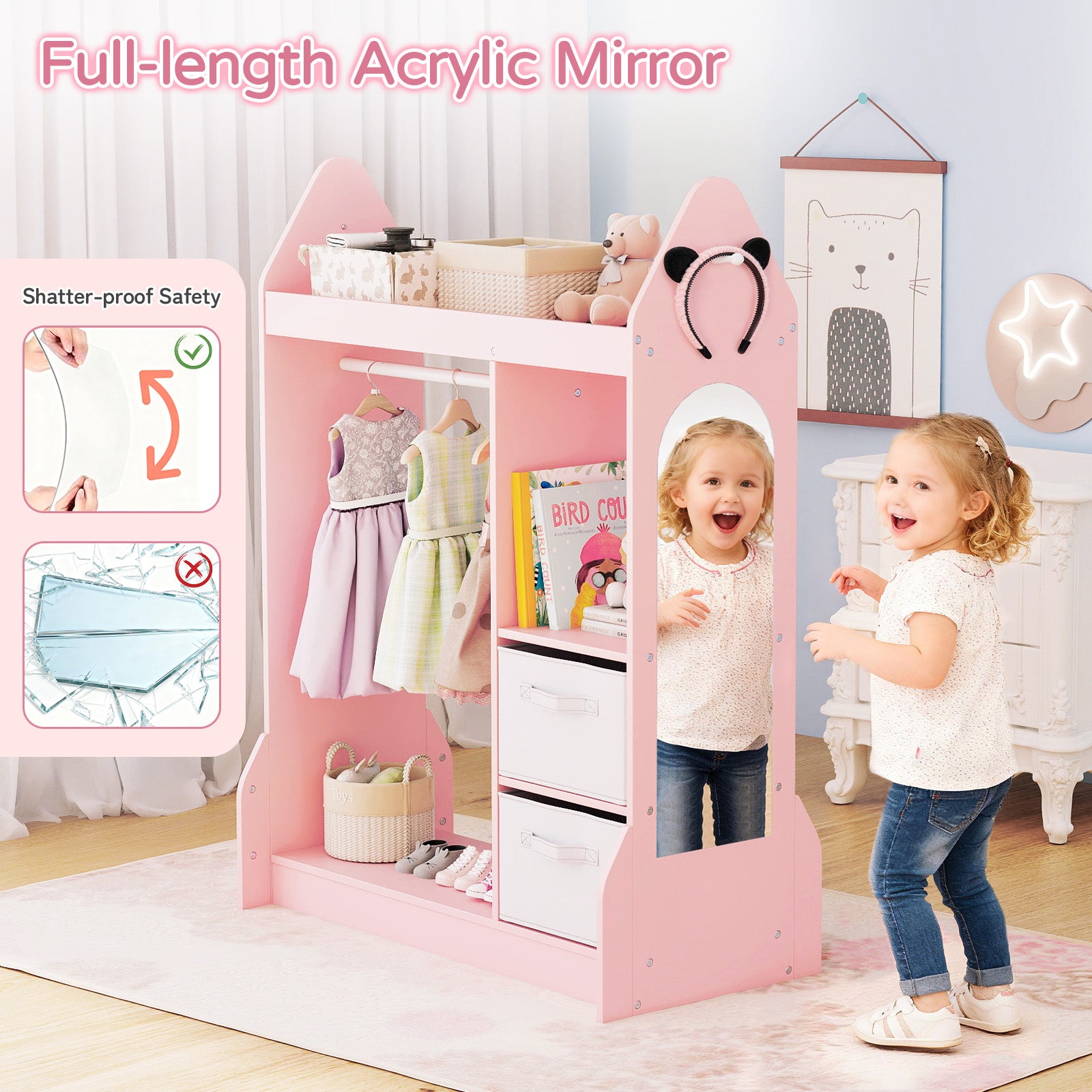 Kids Play Armoire Dresser with Cloth Hanger-Pink