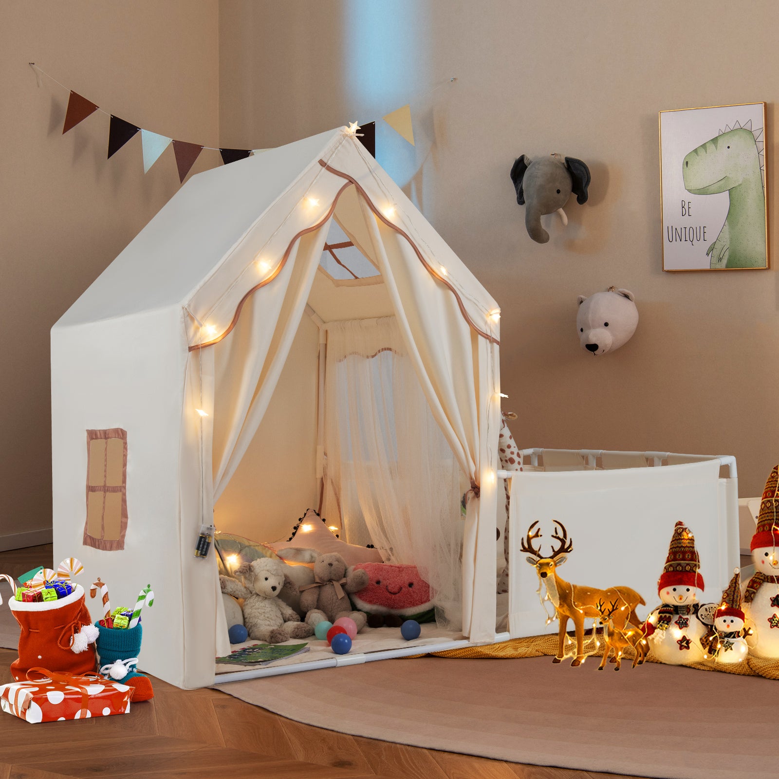 Kids Play Tent with Playpen 2-in-1 Toddler Playhouse with Yard-Beige