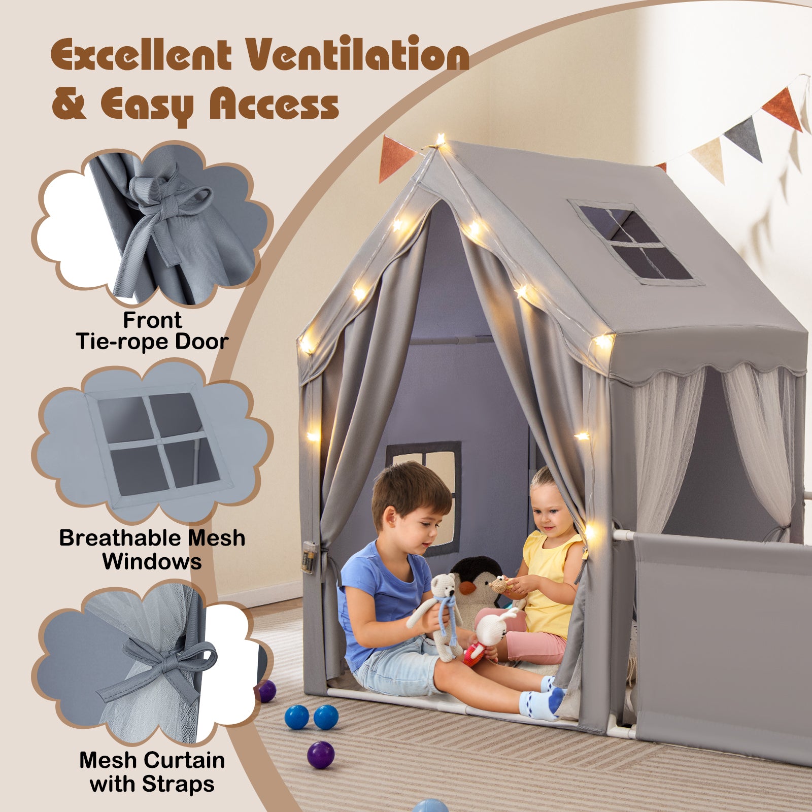 Kids Play Tent with Playpen 2-in-1 Toddler Playhouse with Yard-Grey