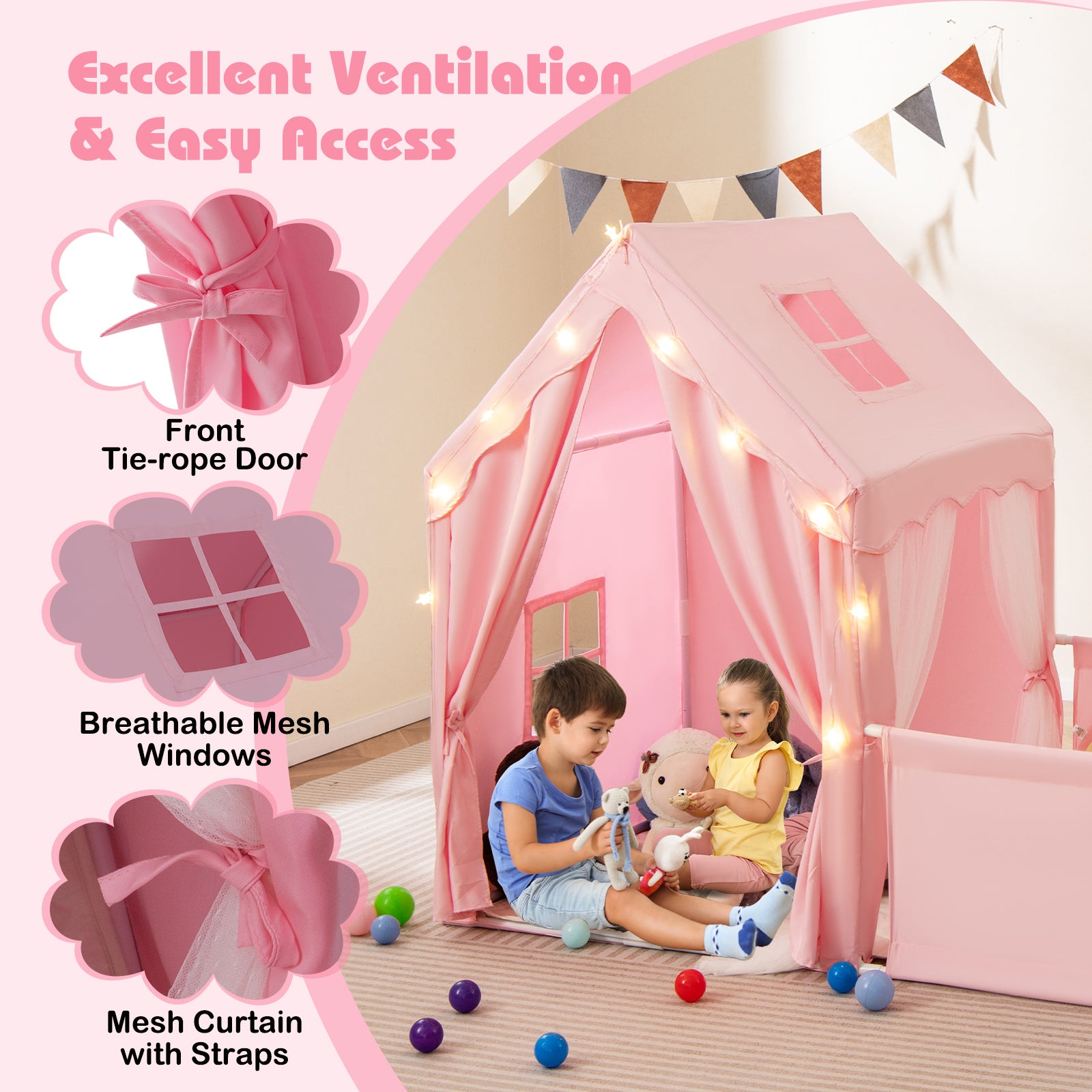 Kids Play Tent with Playpen 2-in-1 Toddler Playhouse with Yard-Pink