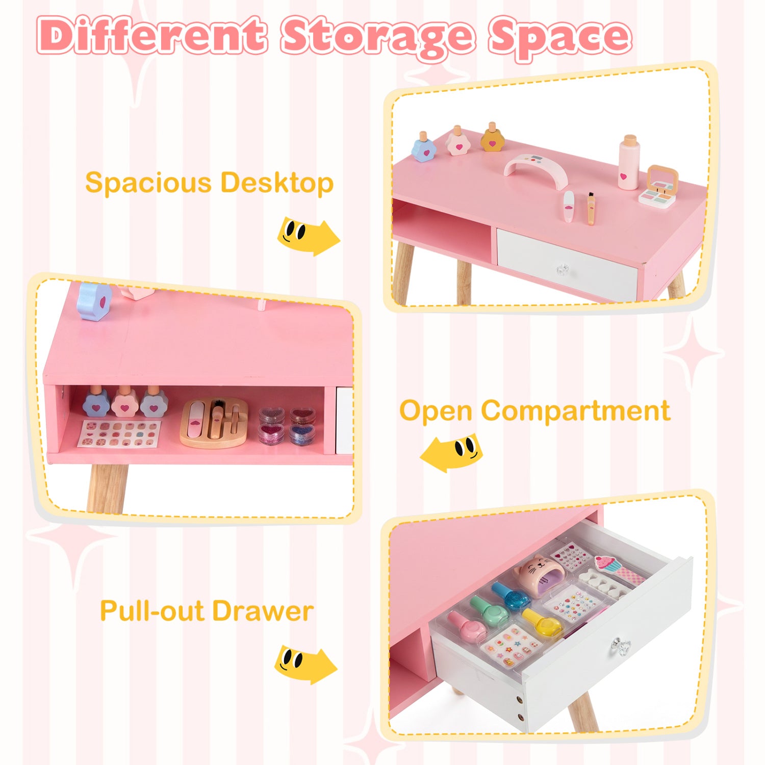 Kids Pretend Nail Salon Playset with Chair and Stool Wooden Toddlers Makeup and Manicure Kit with Eye Shadow-Pink