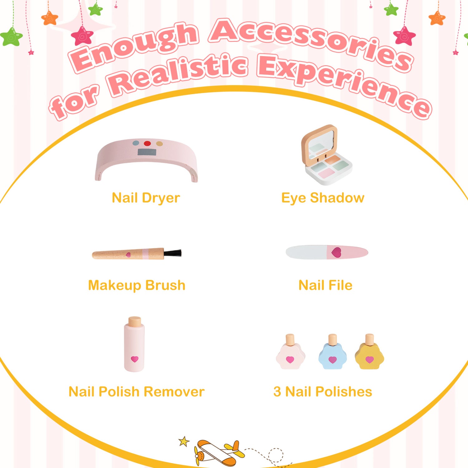 Kids Pretend Nail Salon Playset with Chair and Stool Wooden Toddlers Makeup and Manicure Kit with Eye Shadow-Pink