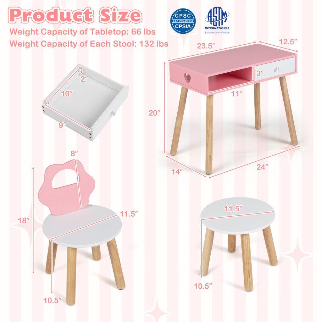 Kids Pretend Nail Salon Playset with Chair and Stool Wooden Toddlers Makeup and Manicure Kit with Eye Shadow-Pink