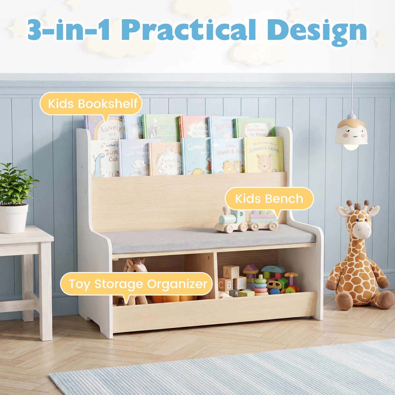 Kids Reading Nook with Bench Bookshelf and 2 Cubbies-White