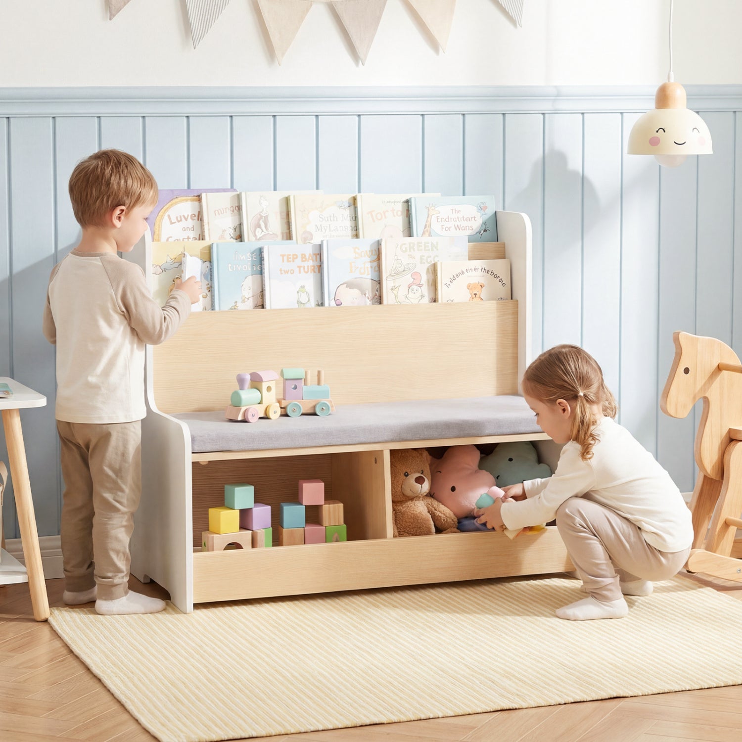 Kids Reading Nook with Bench Bookshelf and 2 Cubbies-White