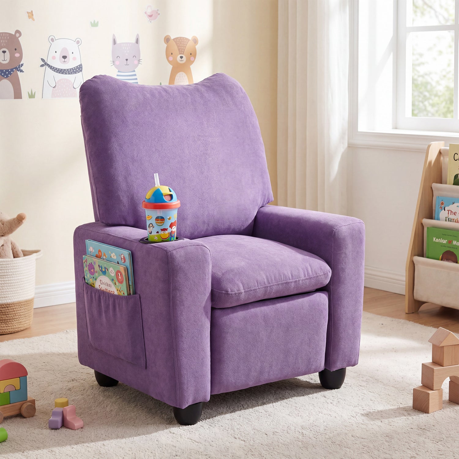 Kids Recliner Toddler Single Sofa with Adjustable Footrest and Cup Holder-Purple