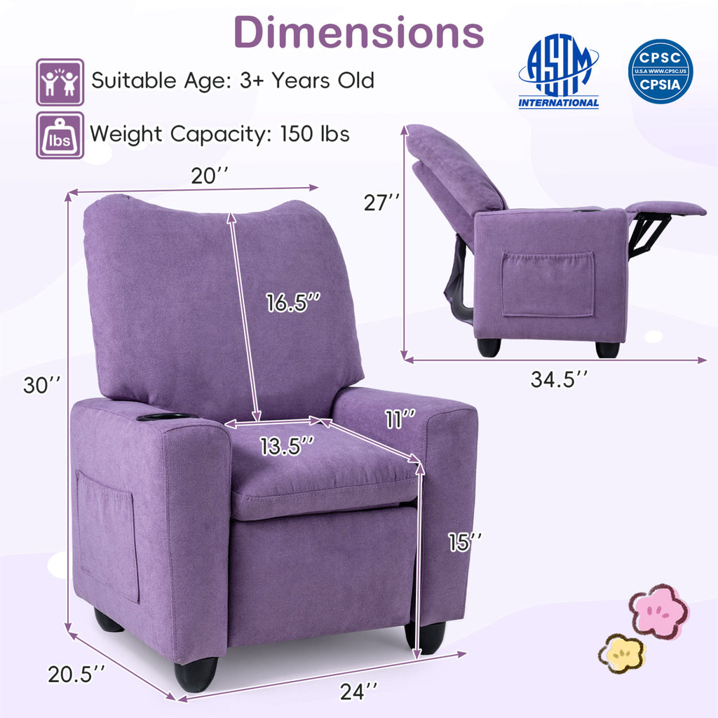 Kids Recliner Toddler Single Sofa with Adjustable Footrest and Cup Holder-Purple