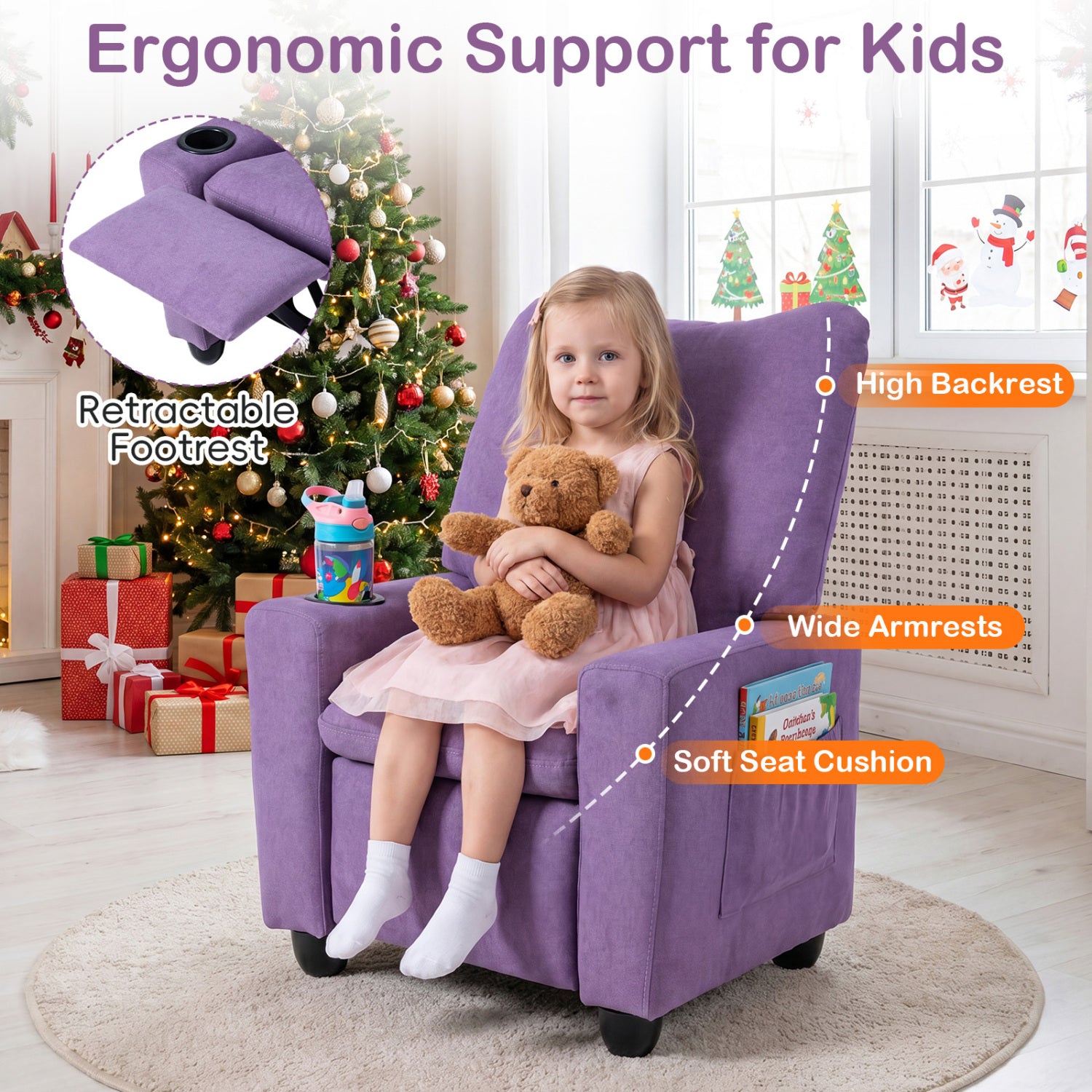 Kids Recliner Toddler Single Sofa with Adjustable Footrest and Cup Holder-Purple