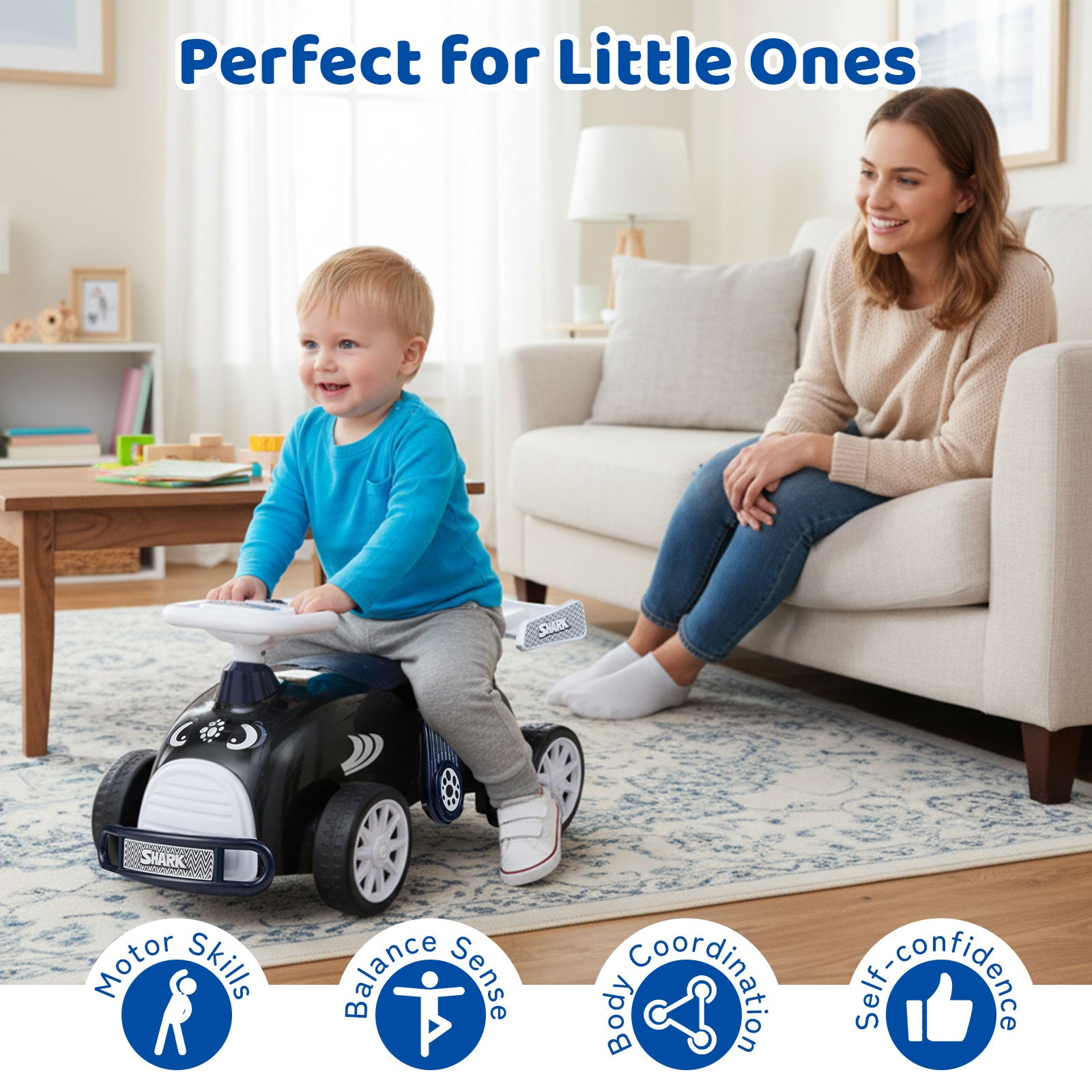 Kids Ride On Car Sliding Toy with Music and Under-Seat Storage-Black & Blue