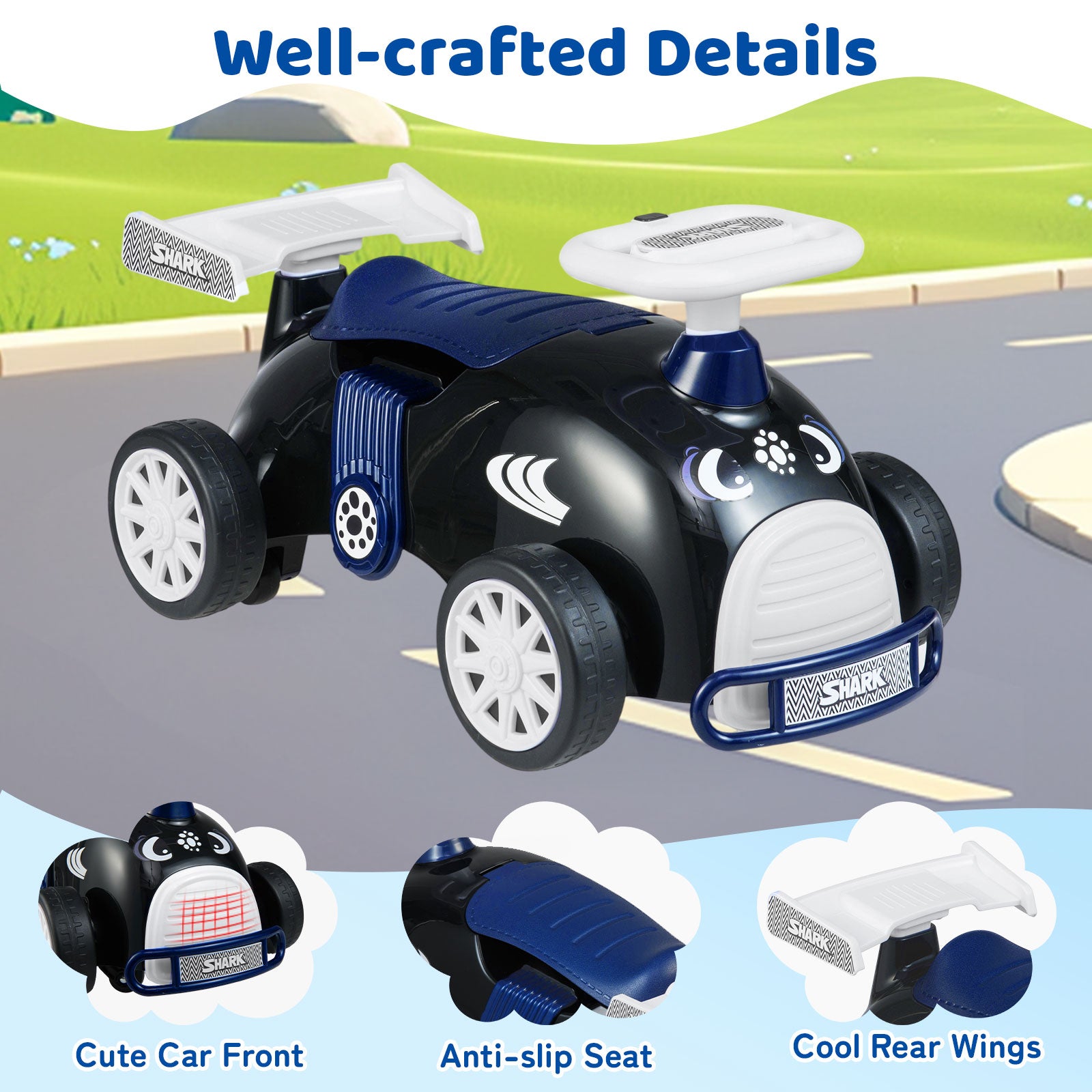 Kids Ride On Car Sliding Toy with Music and Under-Seat Storage-Black & Blue