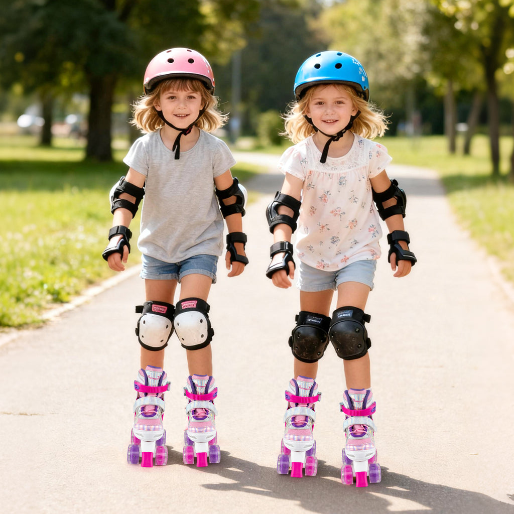 Kids Roller Skates 4 Sizes Adjustable Quad Skates with Light-up Wheels and Safety Protection-Rose Red