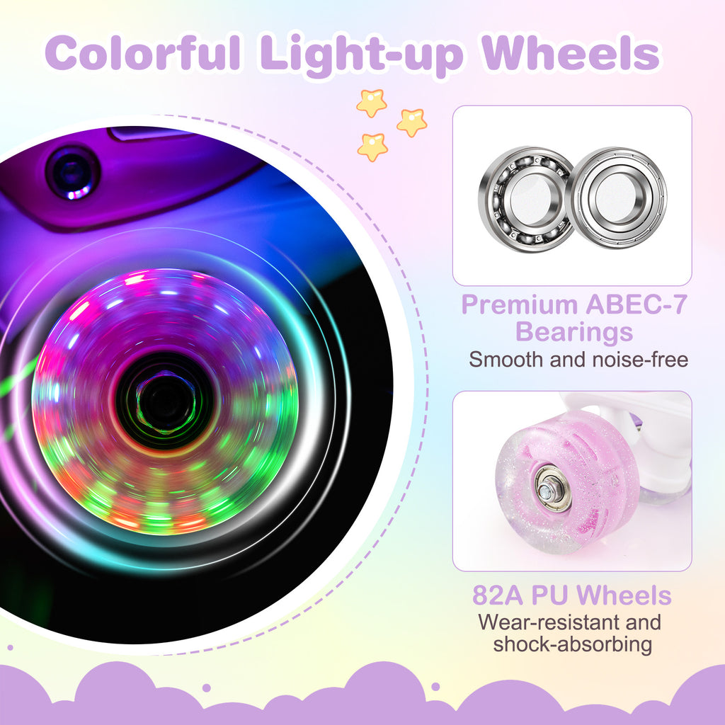 Kids Roller Skates 4 Sizes Adjustable Quad Skates with Light-up Wheels-Pink