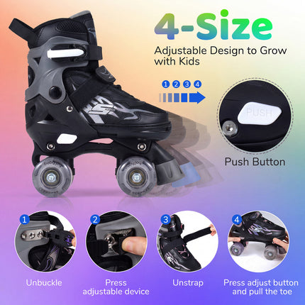 Kids Roller Skates for Girls Boys 4 Sizes Adjustable Quad Skates with Light-up Wheels-Black