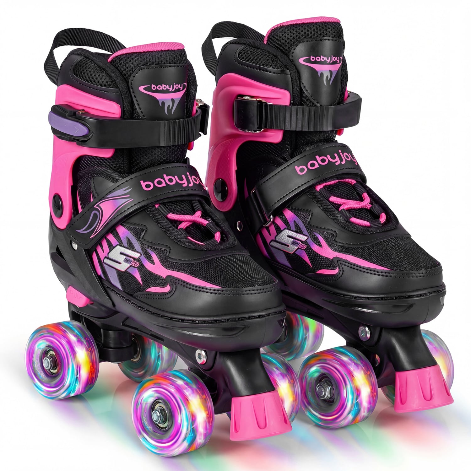 Patins à roulettes pour enfants filles garçons 4 tailles réglables patins quad avec roues lumineuses pour l'extérieur-Rose
