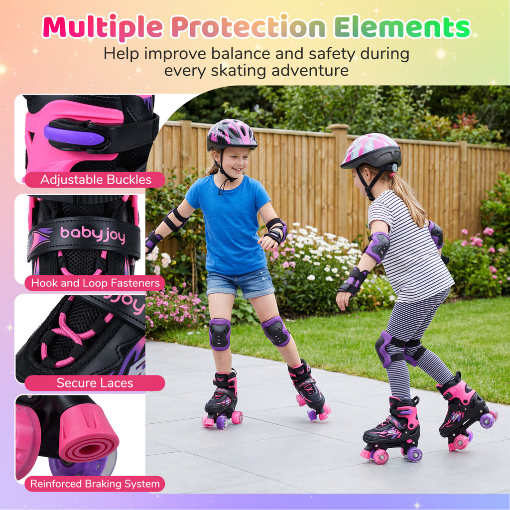 Patins à roulettes pour enfants filles garçons 4 tailles réglables patins quad avec roues lumineuses pour l'extérieur-Rose