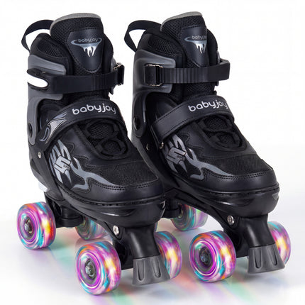Kids Roller Skates for Girls Boys Teens 4 Sizes Adjustable Quad Skates with Light-up Wheels-Black