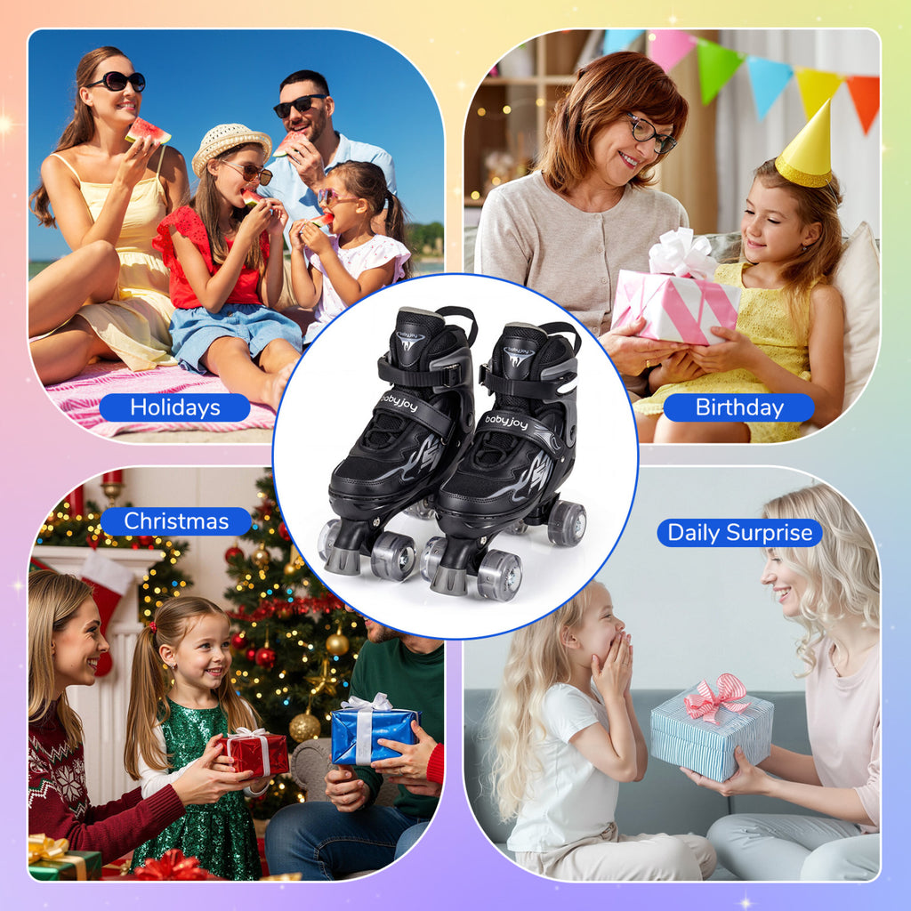 Kids Roller Skates for Girls Boys Teens 4 Sizes Adjustable Quad Skates with Light-up Wheels-Black