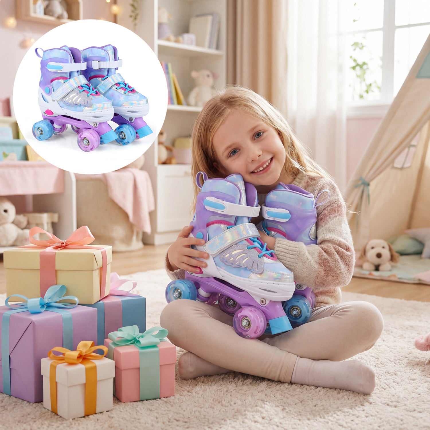 Rollers pour enfants, pour tout-petings de 7 à 9 ans avec 4 roues lumineuses - Bleu