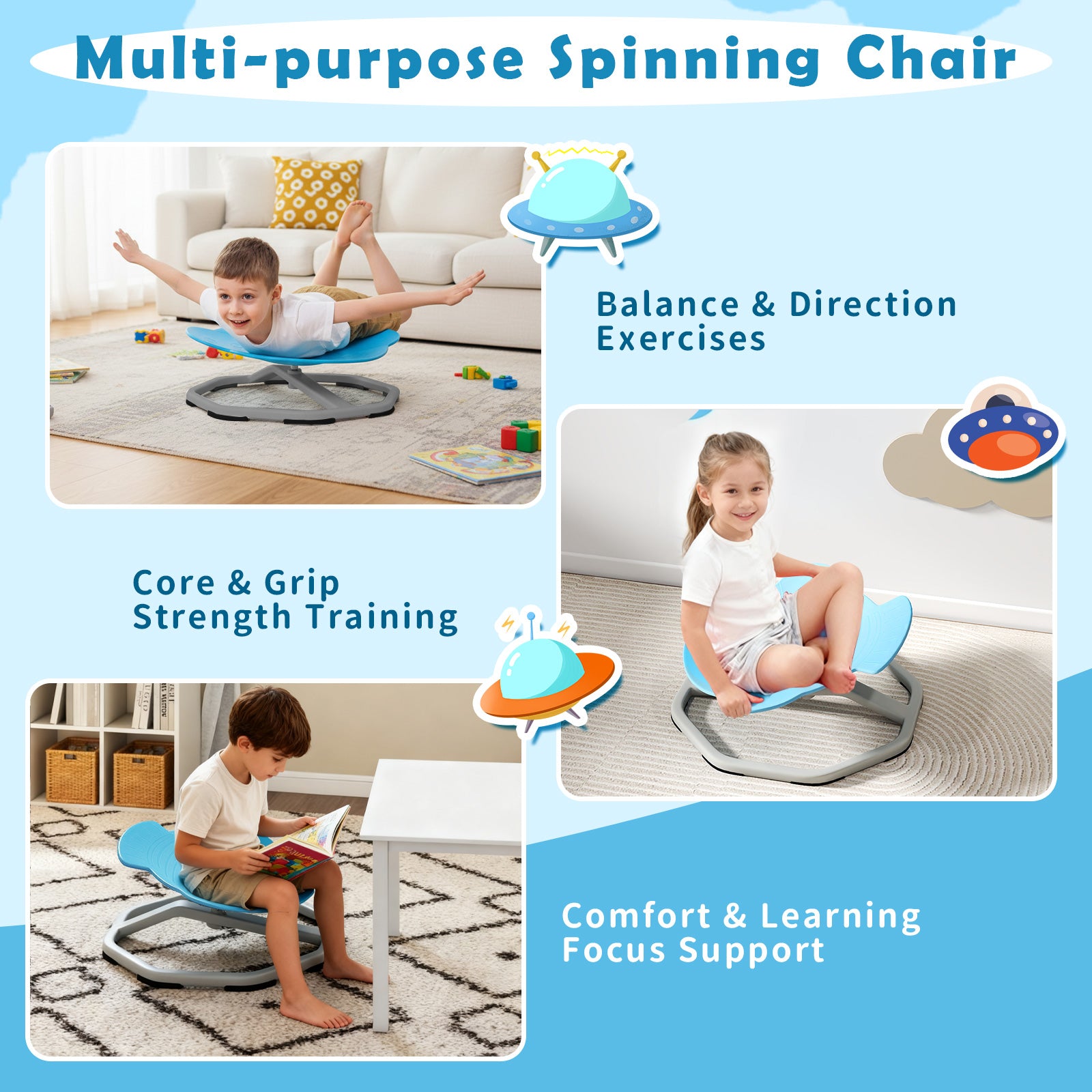 Kids Sensory Swivel Chair Elephant 360° Spinning Chair with Non-Slip Metal Base-Light Blue