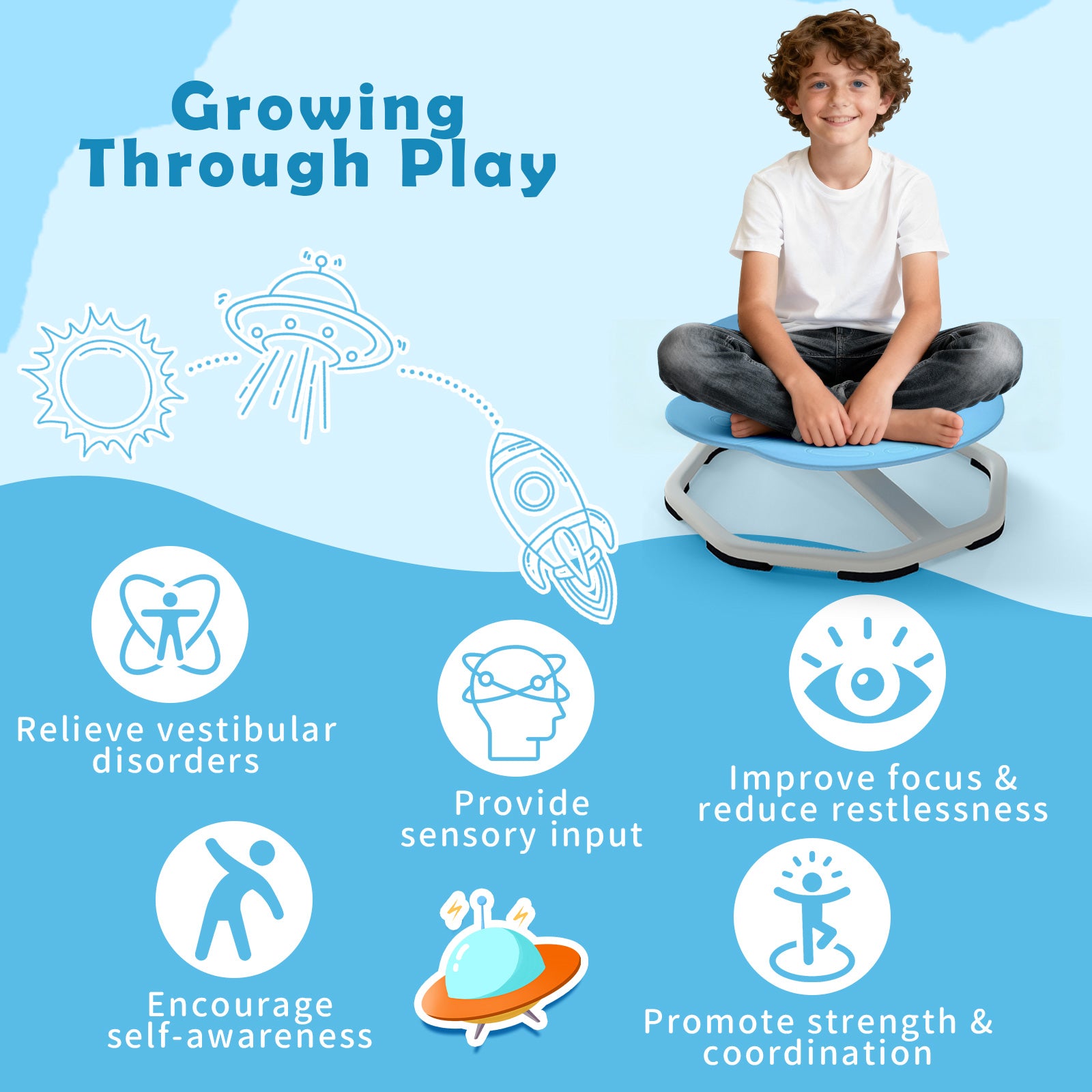 Kids Sensory Swivel Chair Elephant 360° Spinning Chair with Non-Slip Metal Base-Light Blue