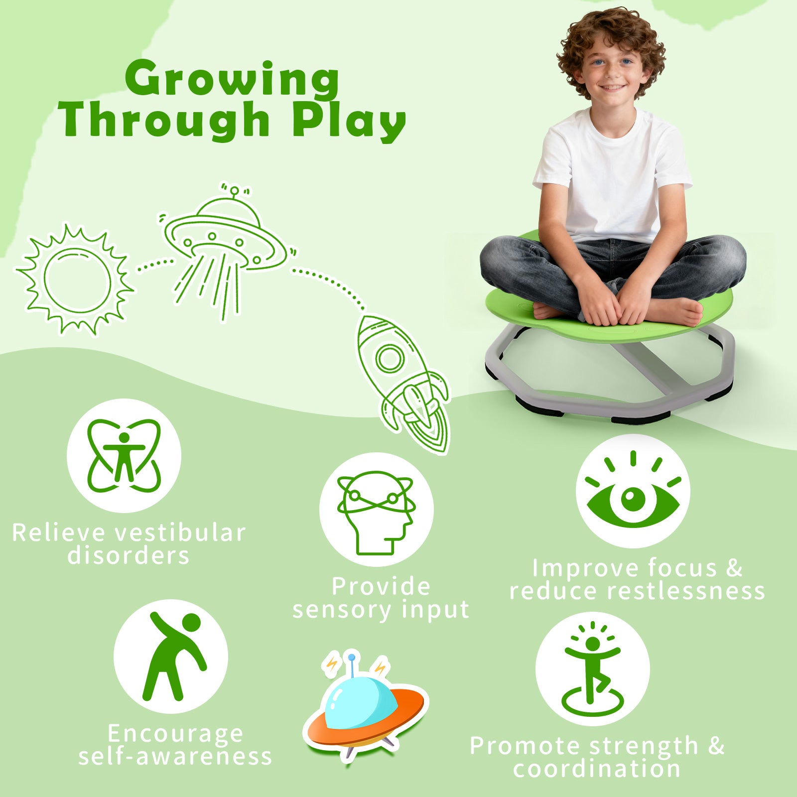Kids Sensory Swivel Chair Elephant 360° Spinning Chair with Non-Slip Metal Base-Green