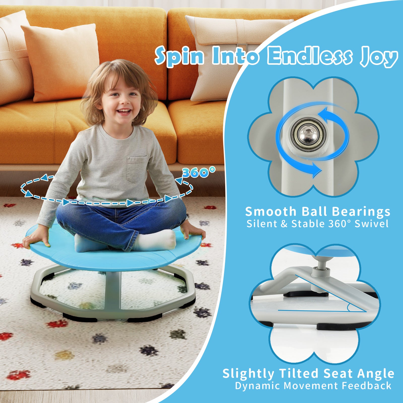 Kids Sensory Swivel Chair Cat Claw 360° Spinning Chair with Non-Slip Metal Base-Blue