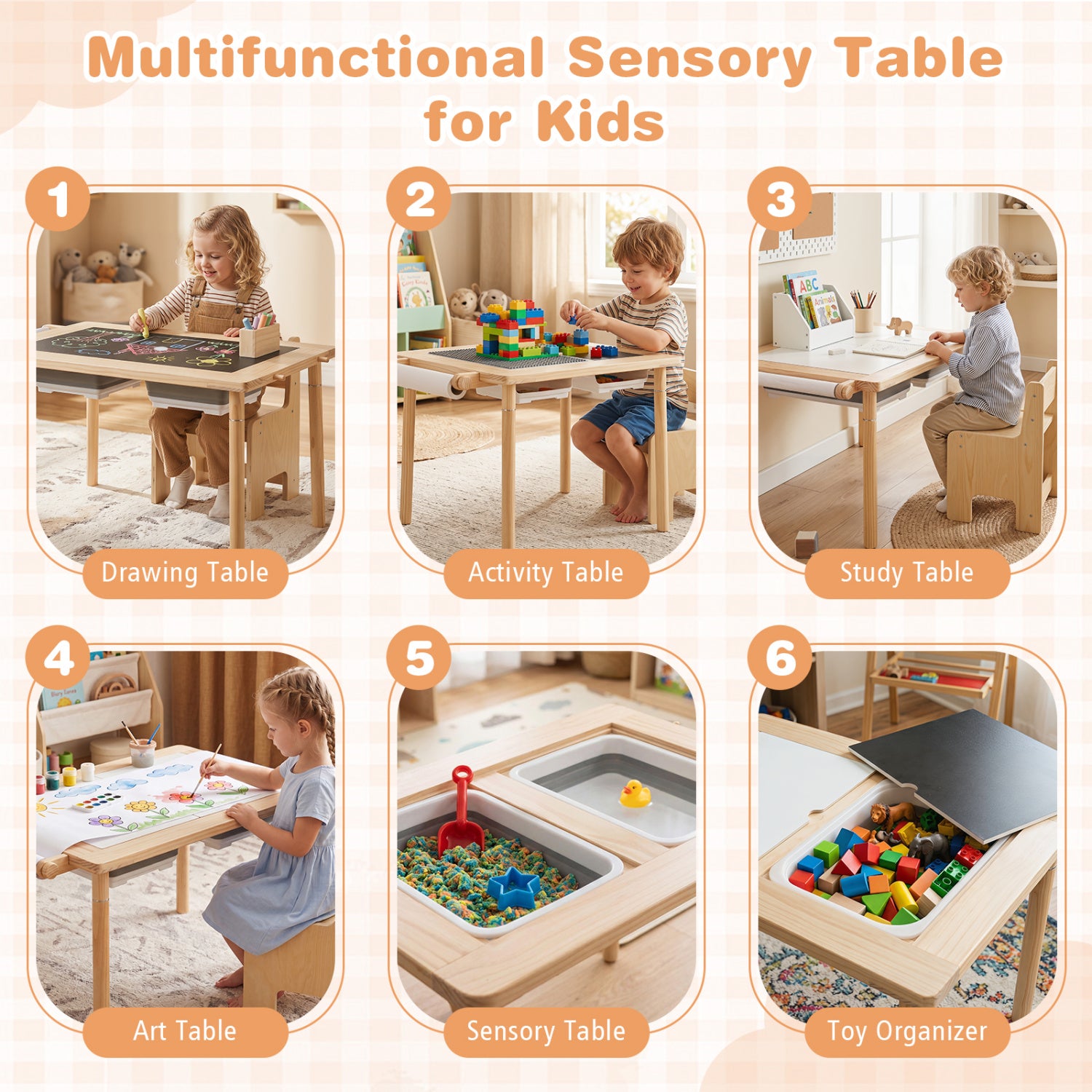 Kids Sensory Table Set with Adjustable Height and 2 Storage Bins-Natural