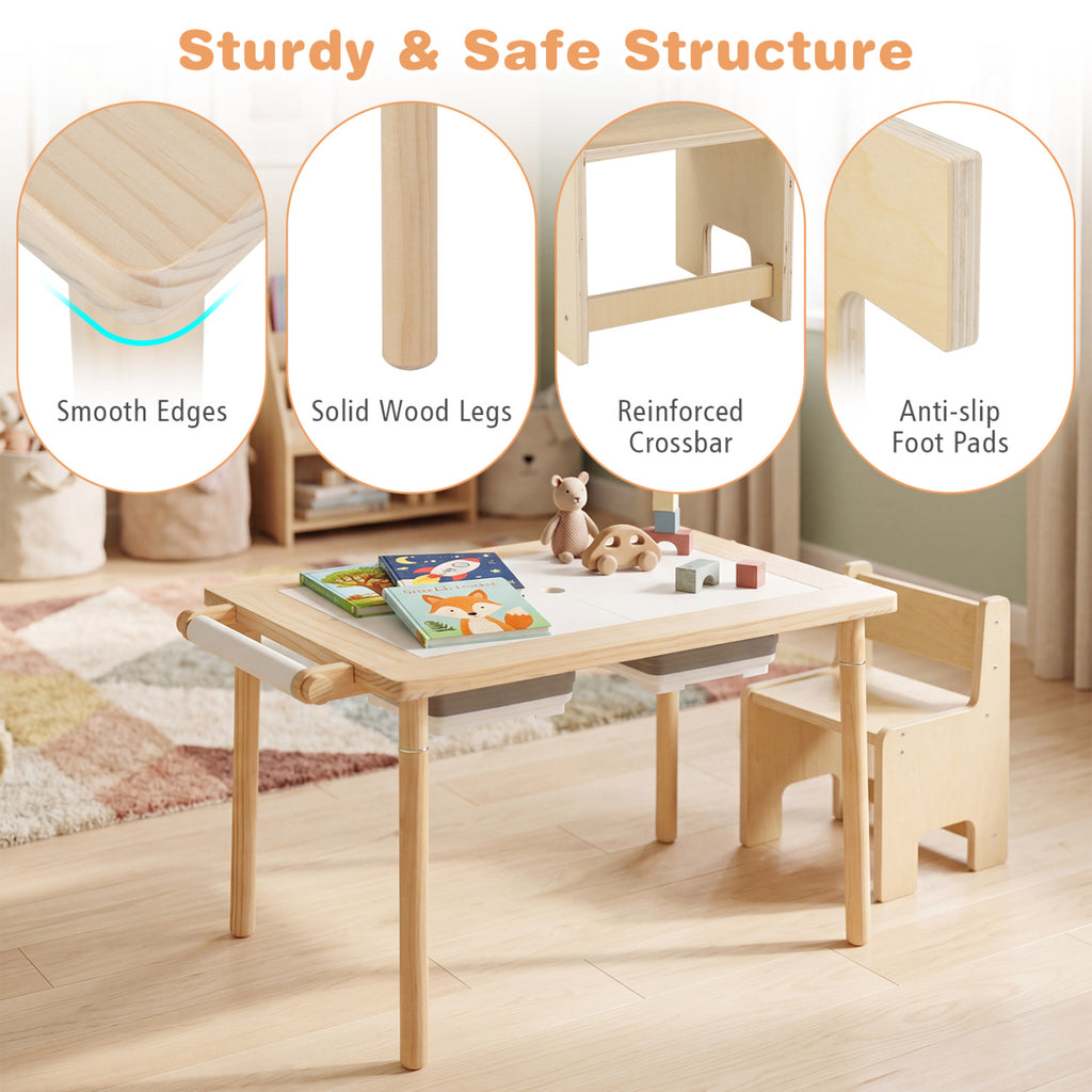 Kids Sensory Table Set with Adjustable Height and 2 Storage Bins-Natural