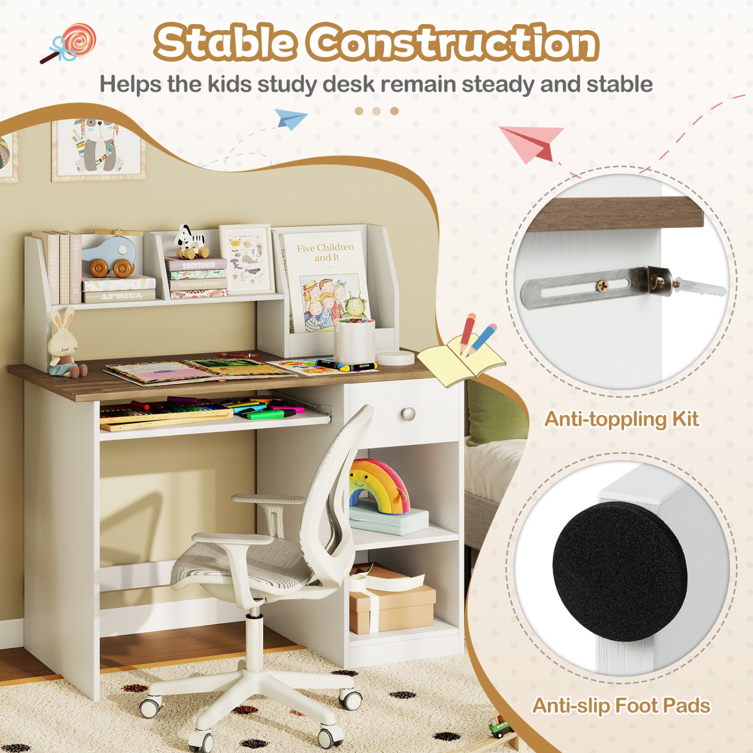 Kids Study Desk Children Writing Table with Drawer Shelves and Keyboard Tray-Natural