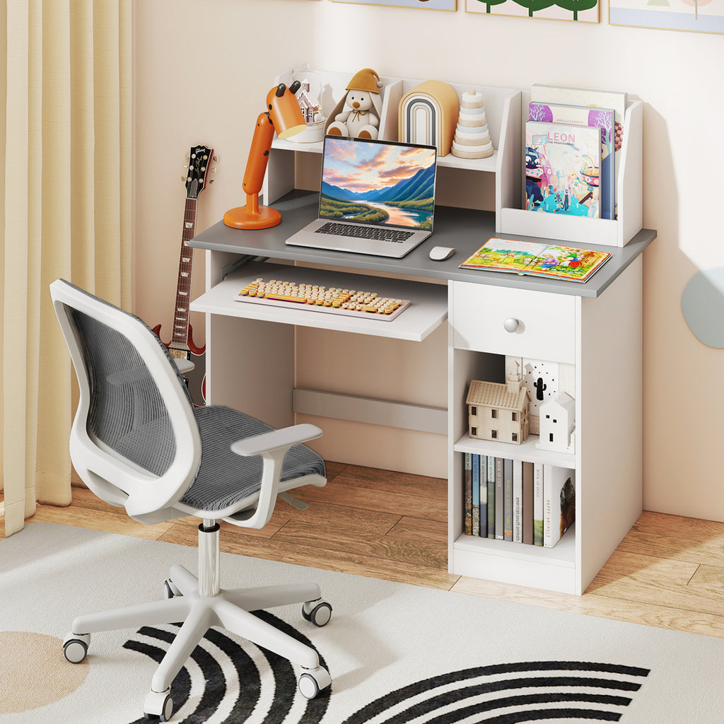 Kids Study Desk Children Writing Table with Hutch Drawer Shelves and Keyboard Tray-Gray