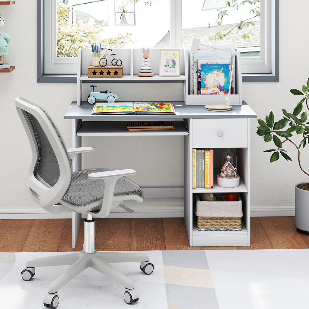 Kids Study Desk Children Writing Table with Hutch Drawer Shelves and Keyboard Tray-Gray