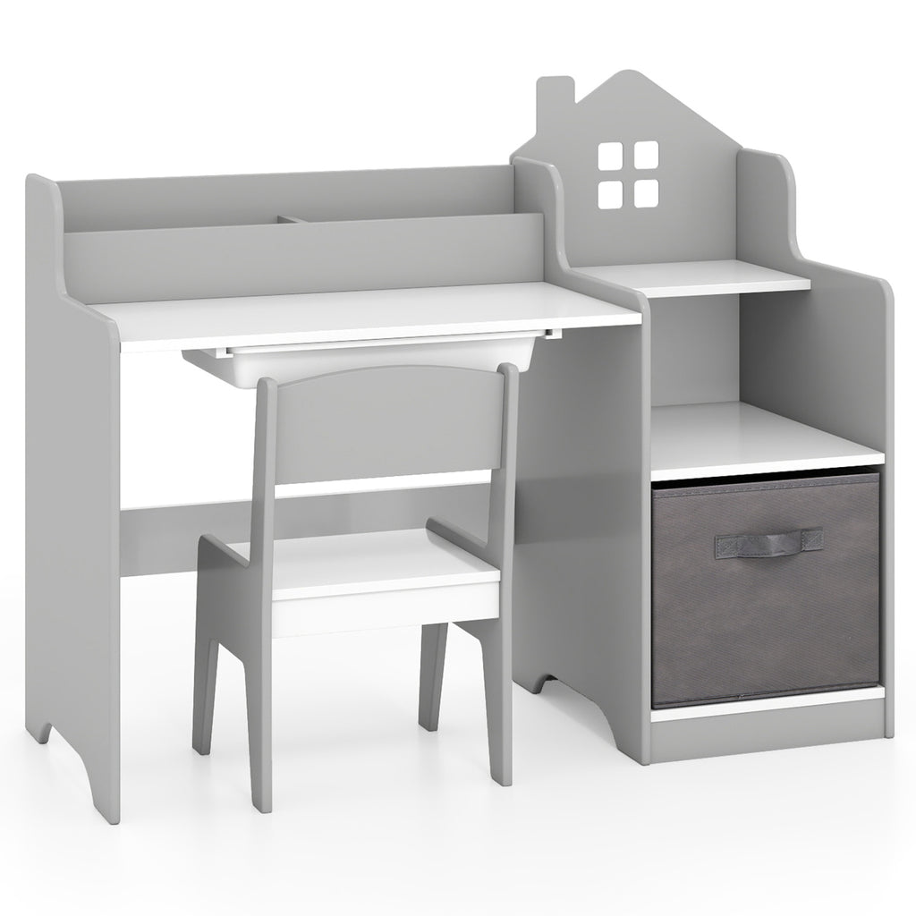 Kids Study Desk and Chair Set with Open Shelves Drawer and Fabric Storage Bin-Gray
