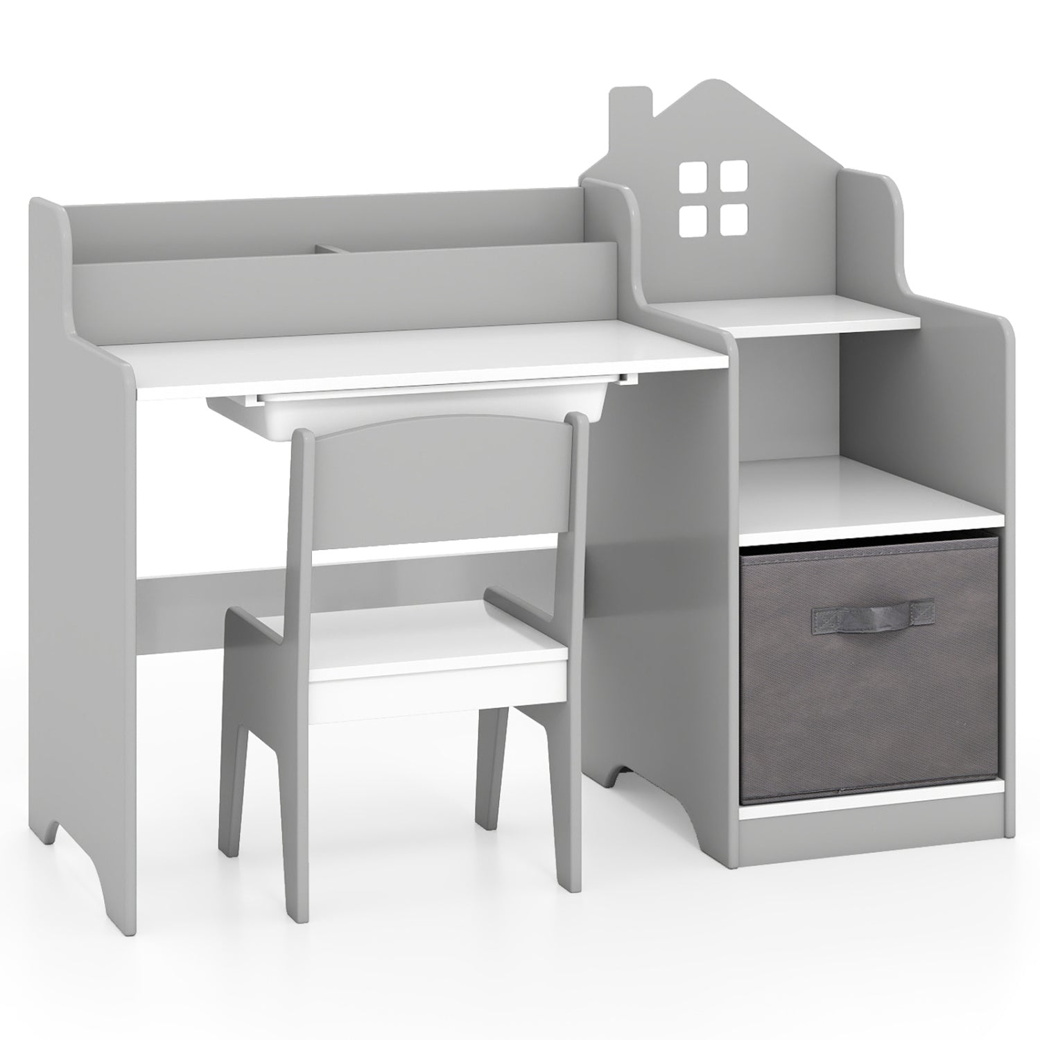 Kids Study Desk and Chair Set with Open Shelves Drawer and Fabric Storage Bin-Gray