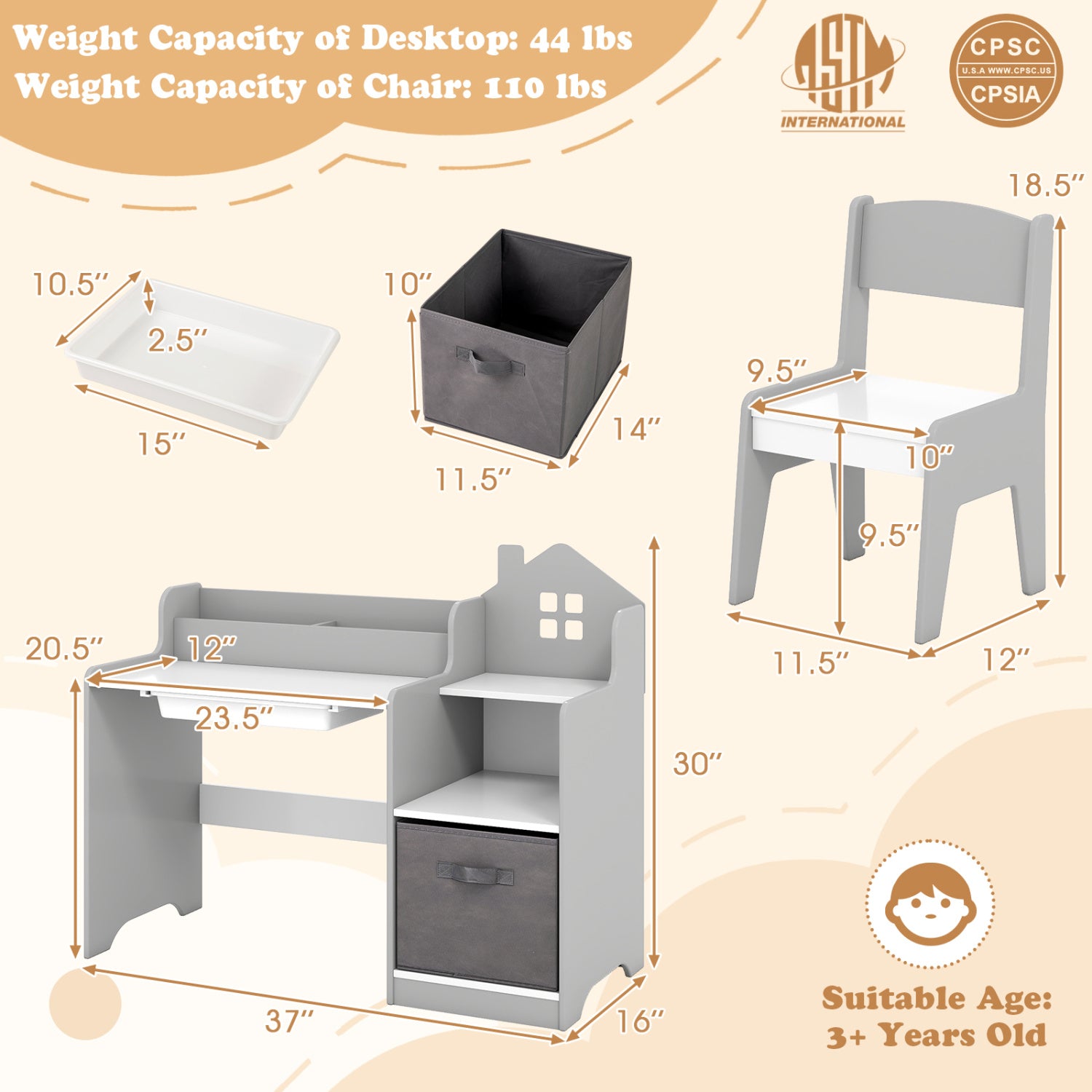Kids Study Desk and Chair Set with Open Shelves Drawer and Fabric Storage Bin-Gray