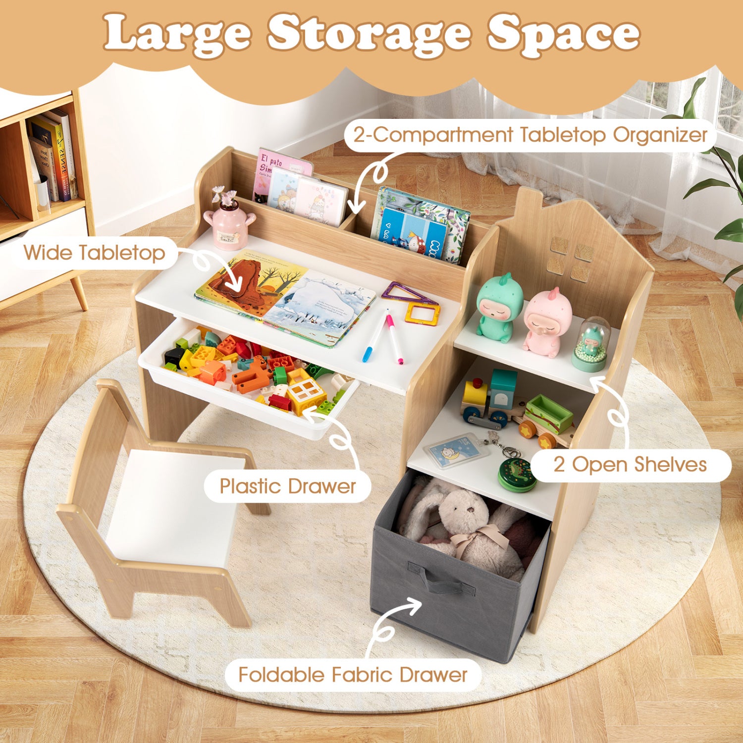 Kids Study Desk and Chair Set with Open Shelves Drawer and Fabric Storage Bin-Natural