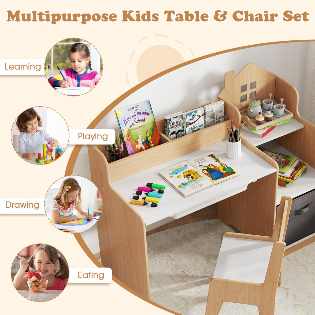 Kids Study Desk and Chair Set with Open Shelves Drawer and Fabric Storage Bin-Natural