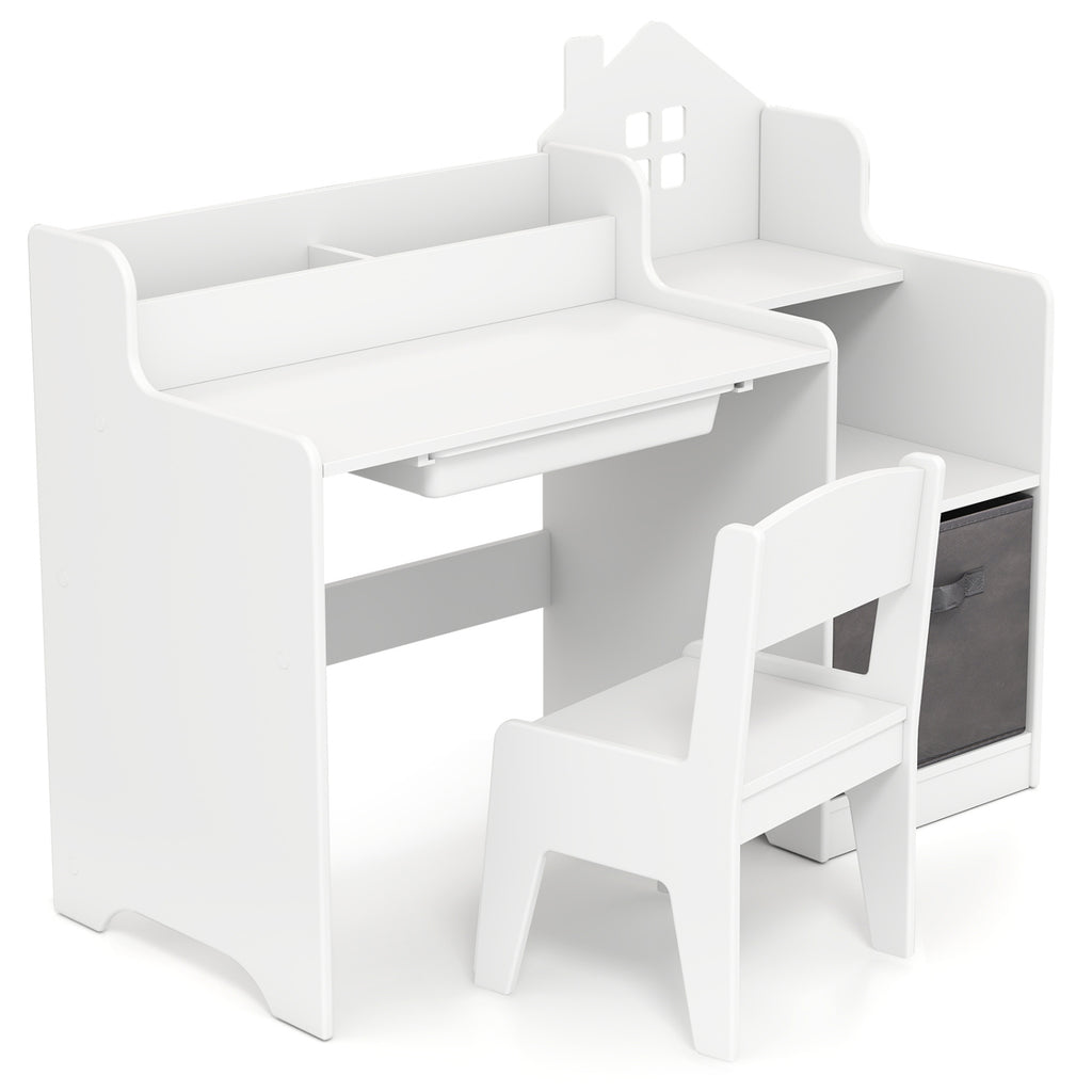 Kids Study Desk and Chair Set with Open Shelves Drawer and Fabric Storage Bin-White