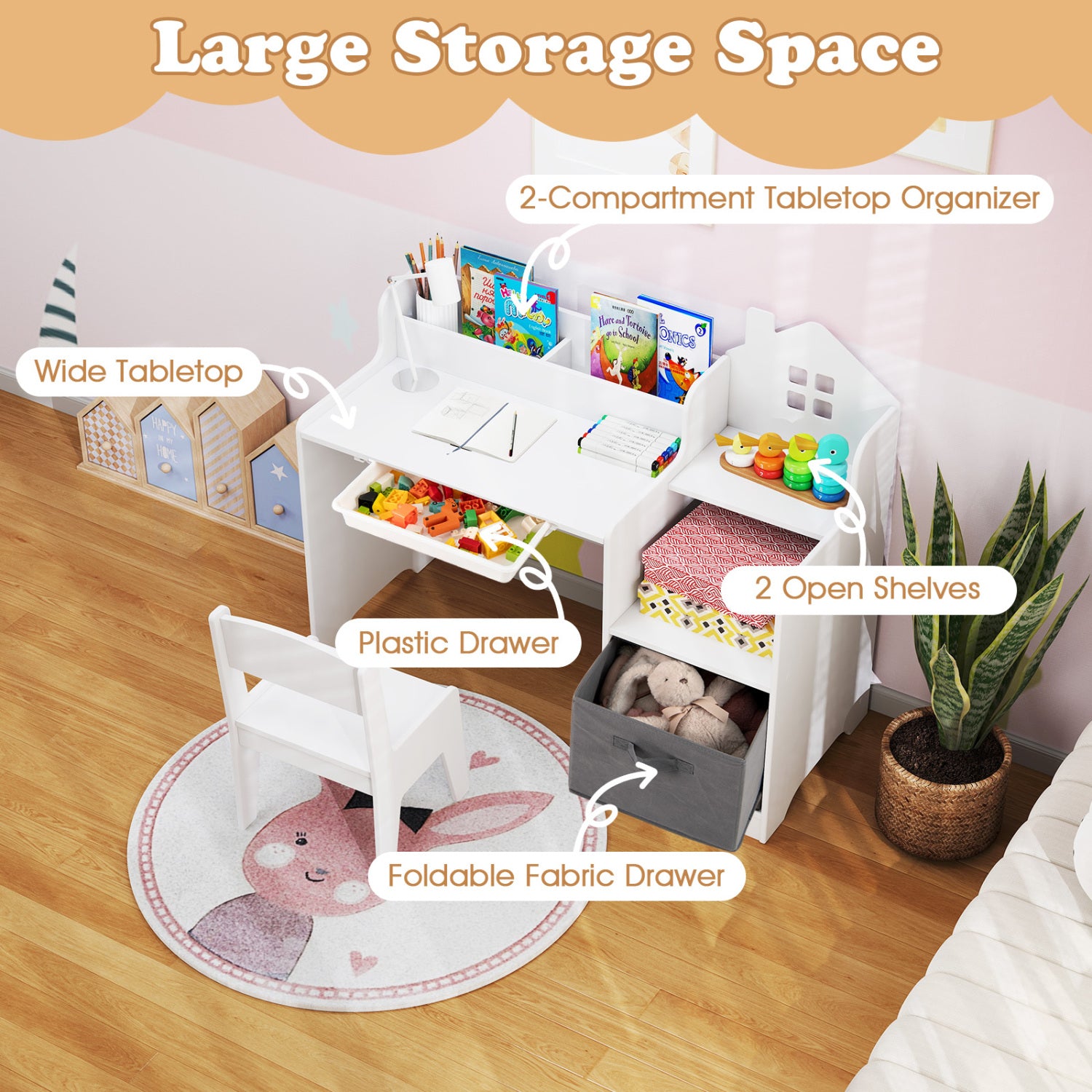 Kids Study Desk and Chair Set with Open Shelves Drawer and Fabric Storage Bin-White