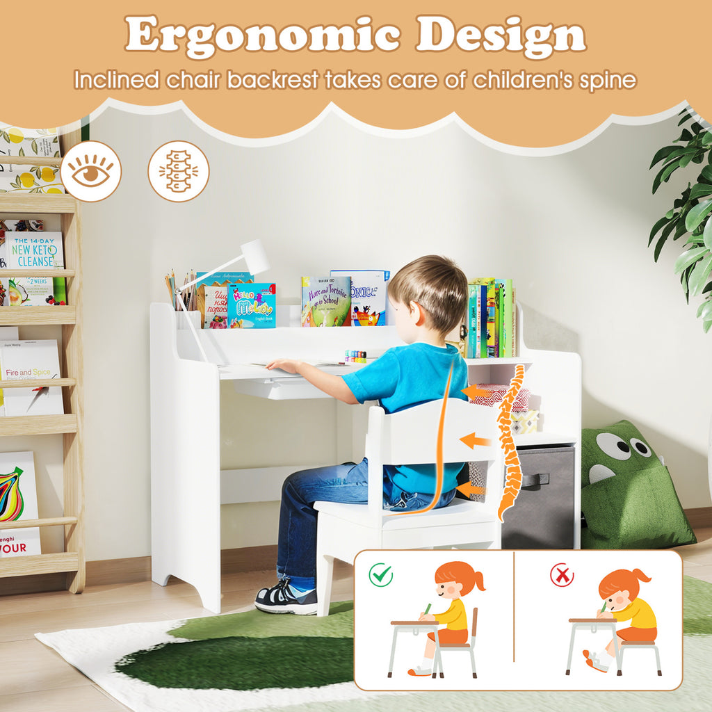 Kids Study Desk and Chair Set with Open Shelves Drawer and Fabric Storage Bin-White