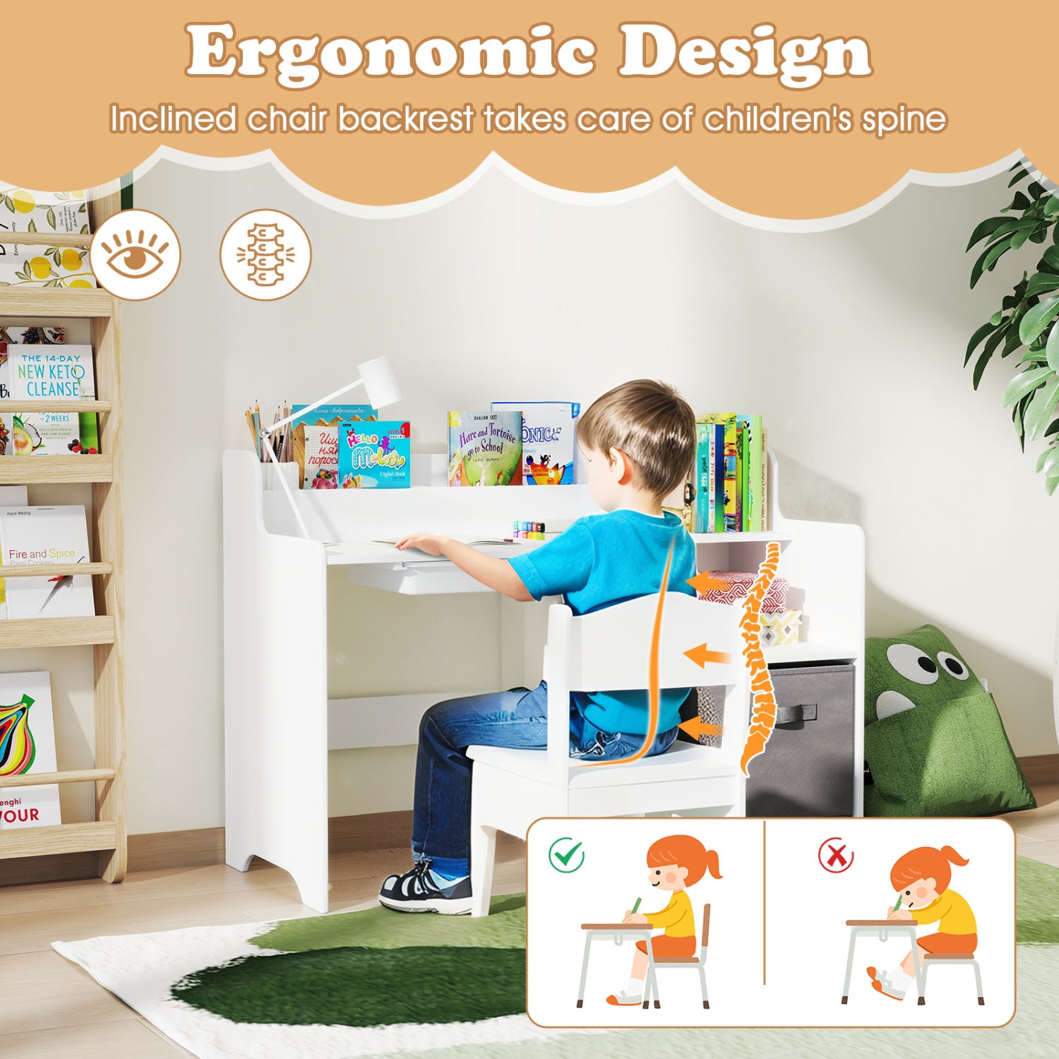 Kids Study Desk and Chair Set with Open Shelves Drawer and Fabric Storage Bin-White