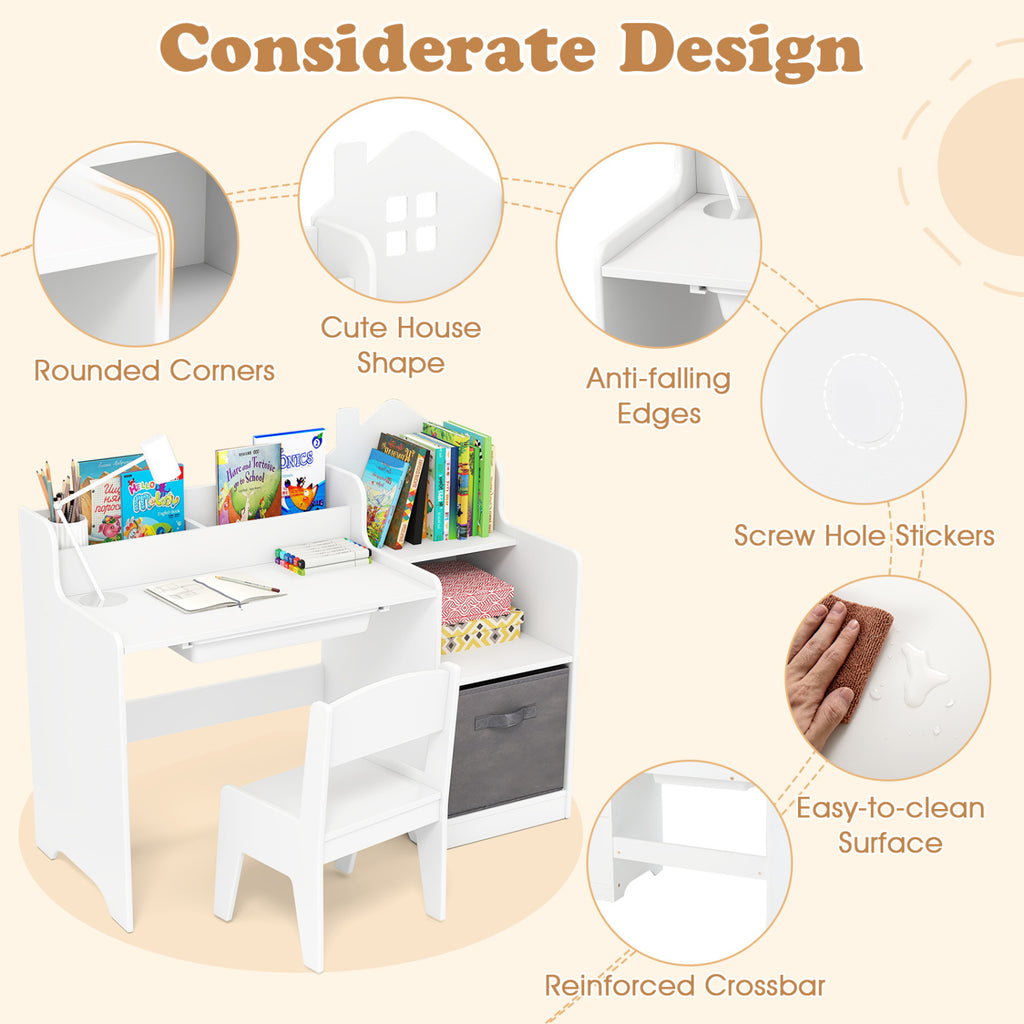 Kids Study Desk and Chair Set with Open Shelves Drawer and Fabric Storage Bin-White