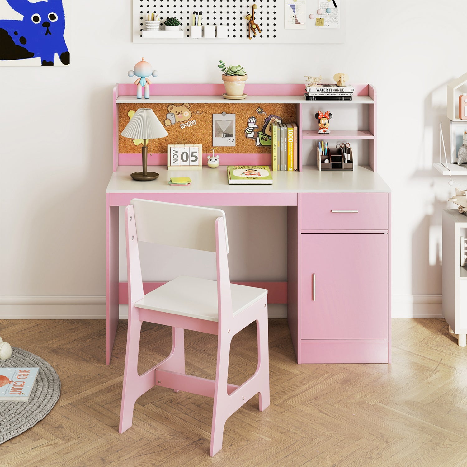 Kids Study Desk and Chair Set Student Table and Chair-White + Pink