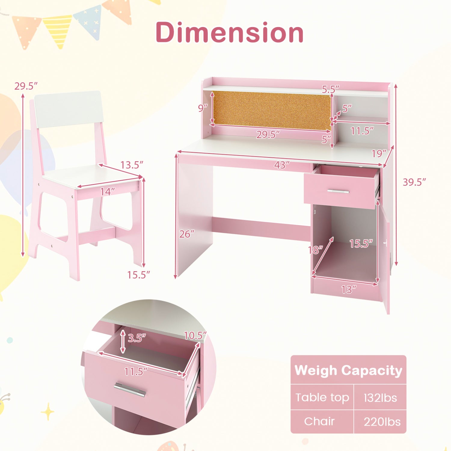 Kids Study Desk and Chair Set Student Table and Chair-White + Pink