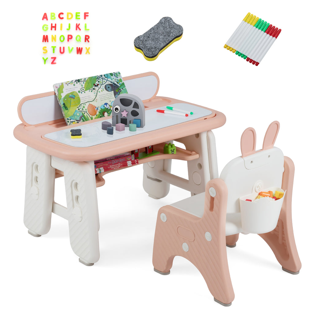 Kids Table and Chair Set with Flip-Top Bookshelf-Pink